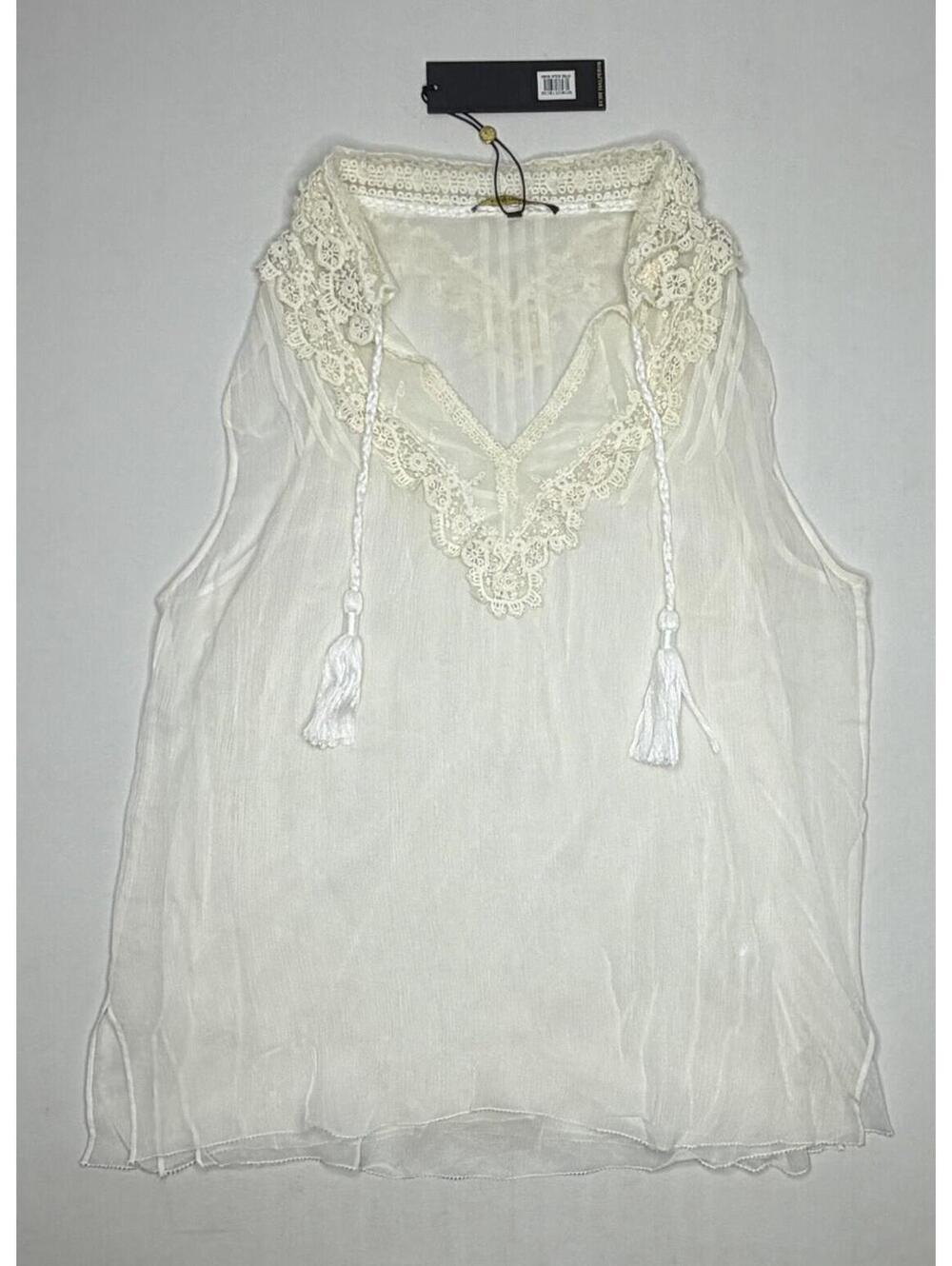 Kobi Halperin Small Ivory Silk & Cotton Sheer Sleeveless Embroidered Blouse